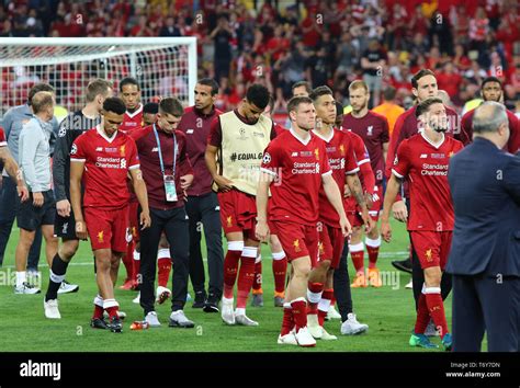 Liverpool players at the Medal Ceremony after the UEFA Champions League ...