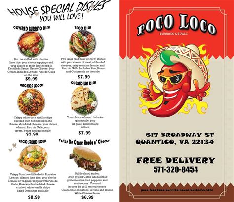 Menu at Poco Loco Burritos and Bowls restaurant, Quantico