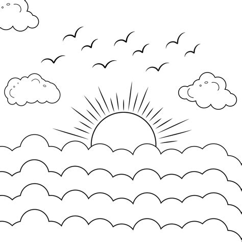 Sun and clouds line art drawing style, Clouds in the sky,sun and Cloud kids drawing for nursery ...