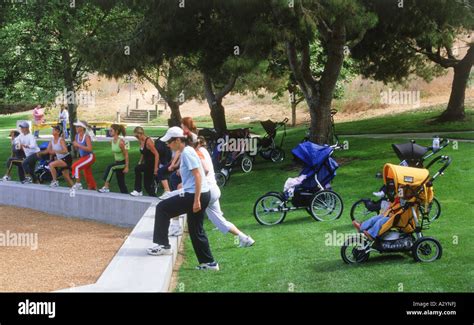 Group of mothers exercising with babies sleeping in strollers at Southern California park Stock ...