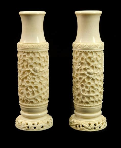 Dragon Carved Ivory Vases with Pierced Bases - Ivory - Oriental