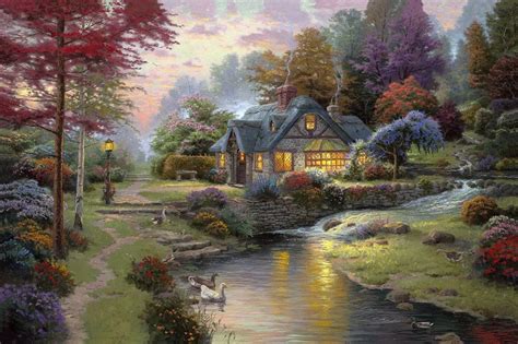 printed thomas kinkade landscape oil painting prints on canvas wall art picture for living room ...