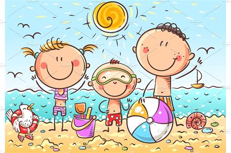 Happy cartoon kids at the seaside | Illustrations ~ Creative Market