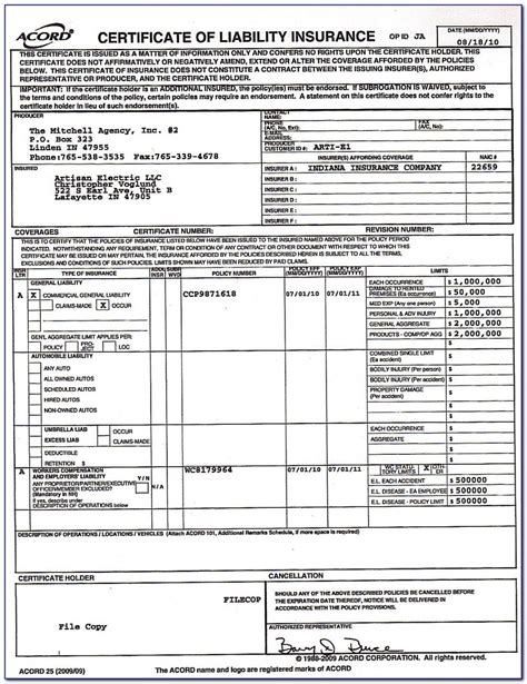 General Liability Insurance Certificate Template