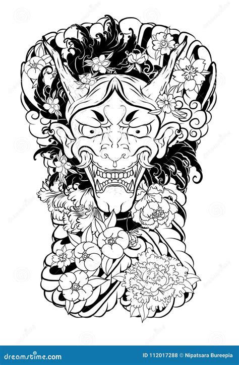 Japanese Demon Mask Tattoo For Arm. Hand Drawn Oni Mask With Cherry Blossom And Peony Flower ...