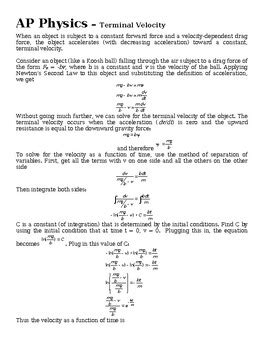 Free Fall with Air Resistance: Terminal Velocity Lecture Notes-AP-C Physics