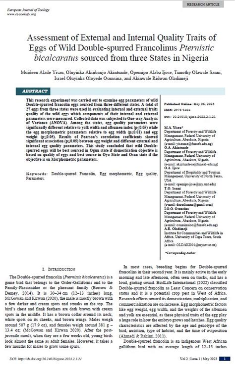 Assessment of External and Internal Quality Traits of Eggs of Wild Double-spurred Francolinus ...