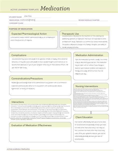 Isocarboxazid - Medication Card - ACTIVE LEARNING TEMPLATES Medication STUDENT NAME - Studocu