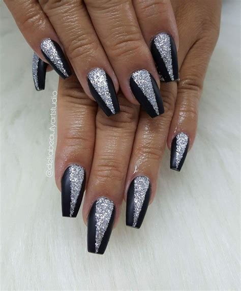 Black and silver nails, acrylic nails, coffin nail. | Prom nails silver ...