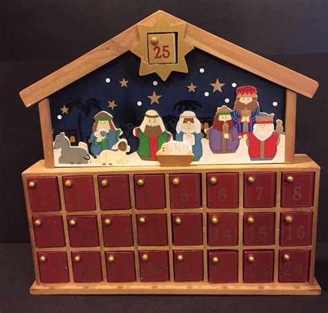 Wooden Advent Calendar Nativity Scene Manger Cubbies Christmas Countdown… | Nativity calendar ...