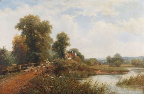 Robert Robin Fenson - Fenland Landscape with Figure and Sheep on a Bridge, oil on canvas, signed and