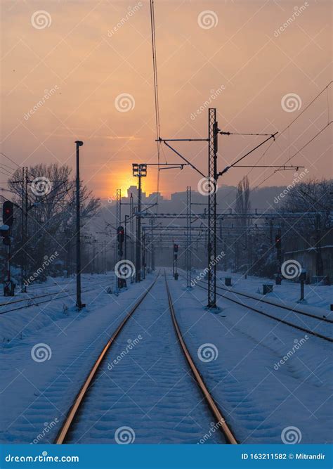 Empty Train Tracks at Sunset - Winter Season Stock Photo - Image of track, season: 163211582