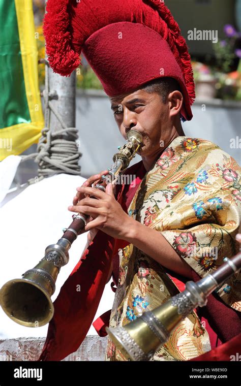 Musician at a traditional Buddhist mask dance of the annual Ladakh Festival in Leh, India Stock ...