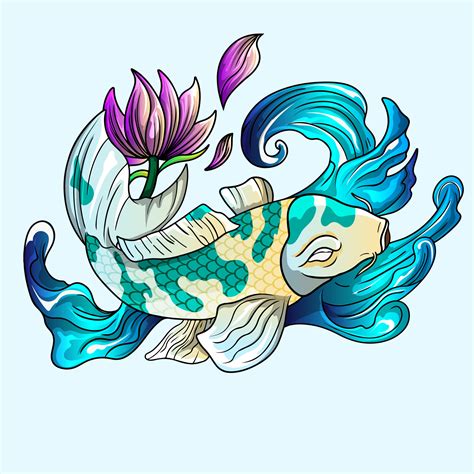 hand drawn koi fish, tropical japanese flowers vector illustration.Colorful Koi carp with Water ...