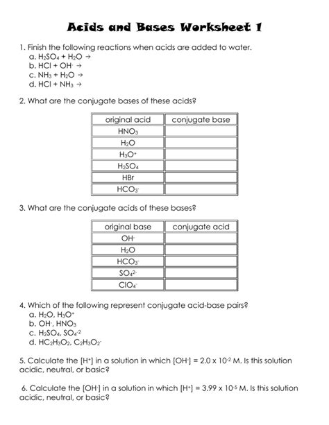 Acids and Bases Worksheet 1