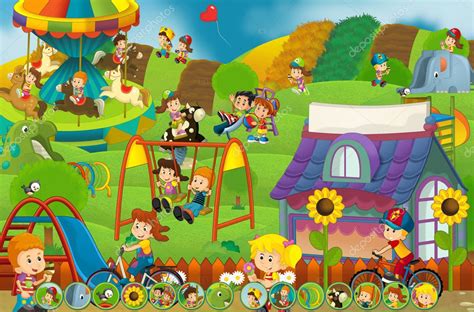 Cartoon Scene Happy Funny Kids Playground Car Illustration ...