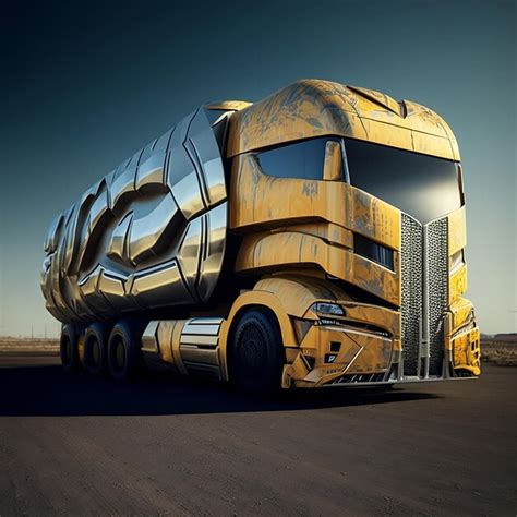 Premium Photo | A large yellow truck with a silver hood and a logo on ...