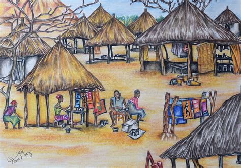 Original African Village Art Colored Pencil on Paper Unframed | Etsy