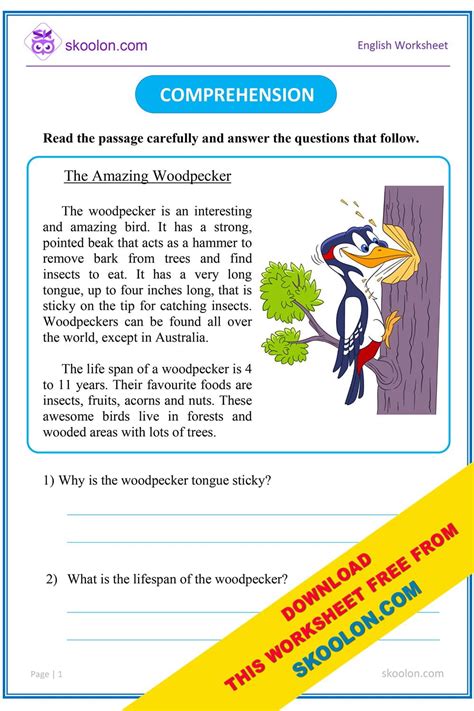 Comprehension - The Amazing Woodpecker - skoolon.com