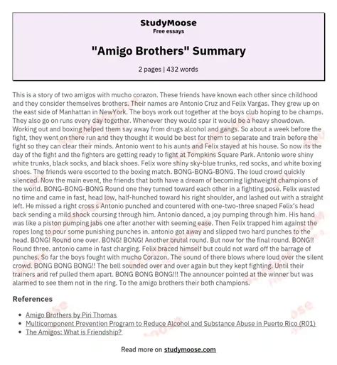 "Amigo Brothers" Summary Free Essay Example