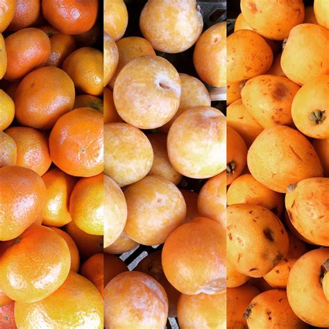 three different pictures of oranges and lemons