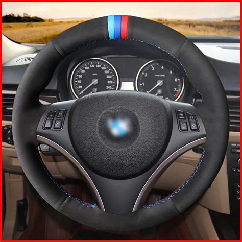 MEWANT Black Suede Car Steering Wheel Covers for BMW E90 320i 325i 330i 335i E87 120i 130i 120d ...