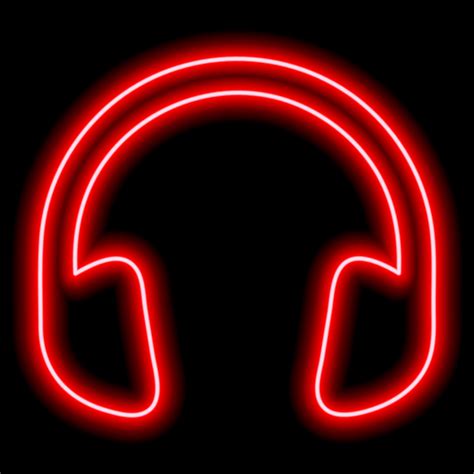 Red headphones. Neon outline on a black background. One object. Listen to music, play 12974403 ...