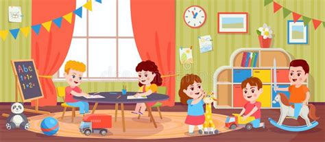 Children Playing in Room. Kids Activity in Kindergarten. Cartoon ...