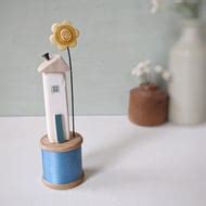 Wooden House on a Vintage Bobbin with Clay Flower - Folksy