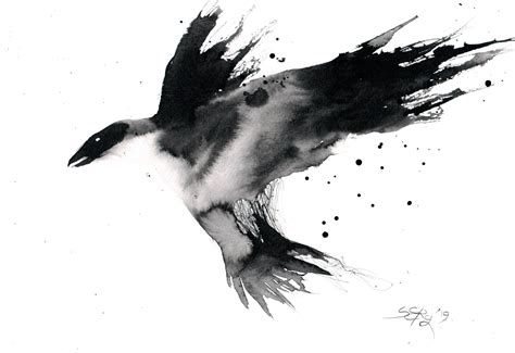 Original Ink Painting, Raven Art Ink on 8x11 In,a4, 21x30cm Black and White Abstract Flying ...