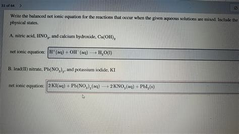 Solved 31 of 64 > Write the balanced net ionic equation for | Chegg.com