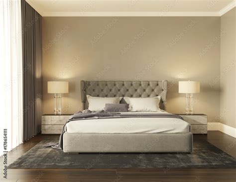 Classic grey luxury modern chic bedroom with tufted bed front view Stock Illustration | Adobe Stock