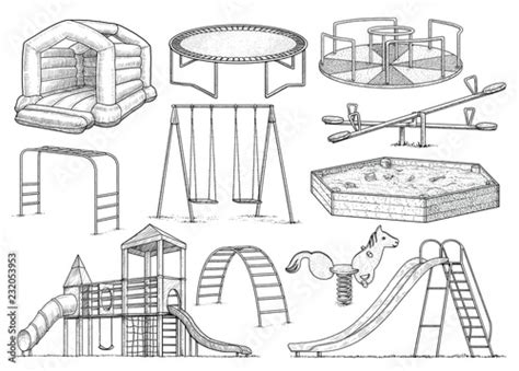 Playground equipment collection, illustration, drawing, engraving, ink, line art, vector Stock ...