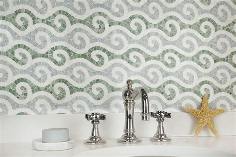 An abstract wave pattern with tiling by Nemo Tile + Stone enlivens a bathroom backsplash ...