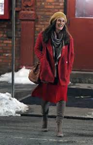 Keira Knightley in Red Coat on Collateral Beauty set -35 | GotCeleb