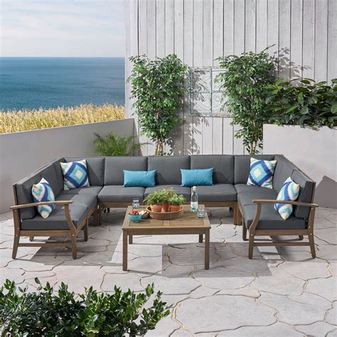 GDF Studio Judith Outdoor 10 Piece Acacia Wood Sofa Sectional Set, Gray ...