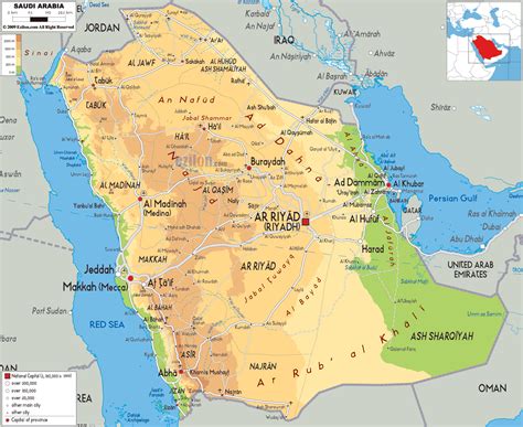 Large physical map of Saudi Arabia with roads, cities and airports ...