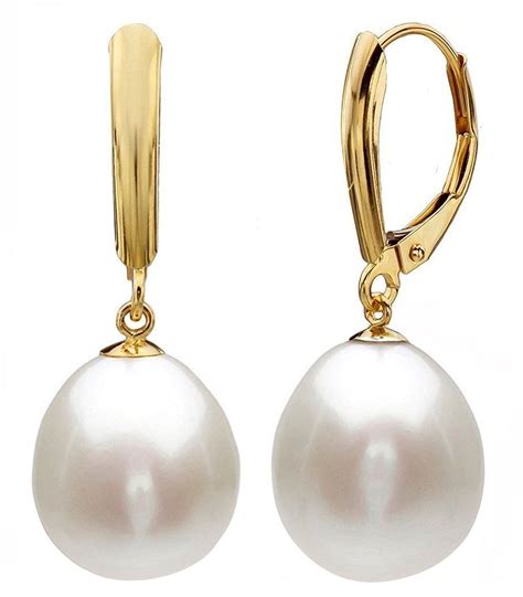 14k Gold Drop Pearl Earrings with Freshwater Cultured Pearls (Leverback ...