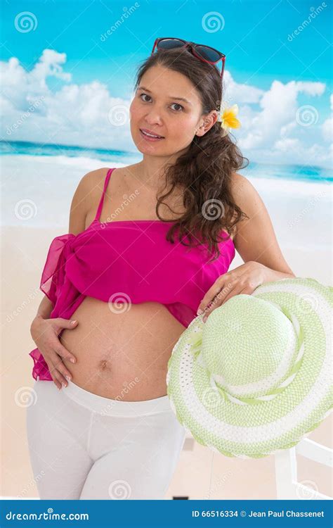 Beautiful Asian Pregnant Woman Walking on Blue Beach in Summer Vacation Stock Photo - Image of ...