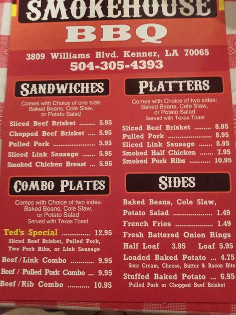 Menu at Ted's Smokehouse BBQ, Kenner