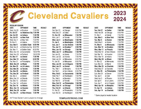 Printable 2023-2024 Cleveland Cavaliers Schedule