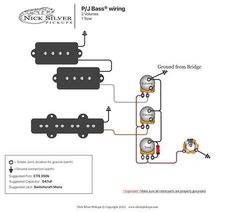 P/J Bass wiring 2V 1T | Nick Silver Pickups