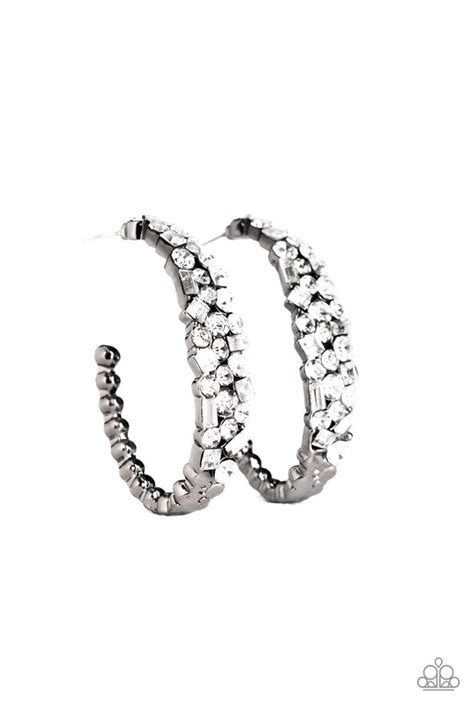 Paparazzi A GLITZY Conscience - Black - Gunmetal Hoop - White Rhinestones - Earrings ...