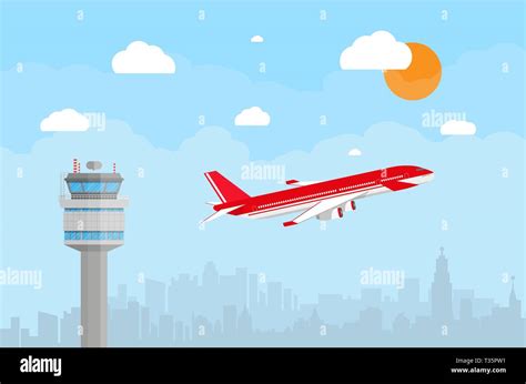 Cartoon background with gray airport control tower and flying red civil ...