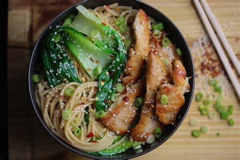 Sesame Noodles with Golden Chicken and Pak Choi