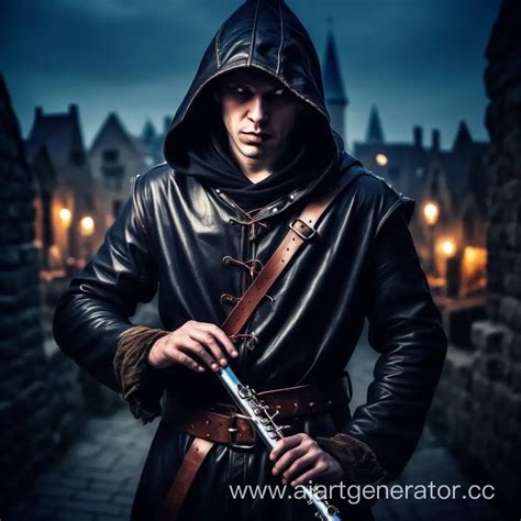 Medieval Style Flute Player in Twilight City | AI Art Generator