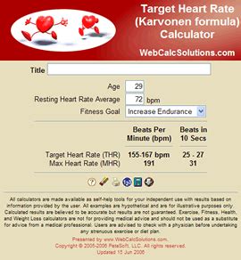 Target Heart Rate (Karvonen formula) Calculator - WebCalcSolutions.com