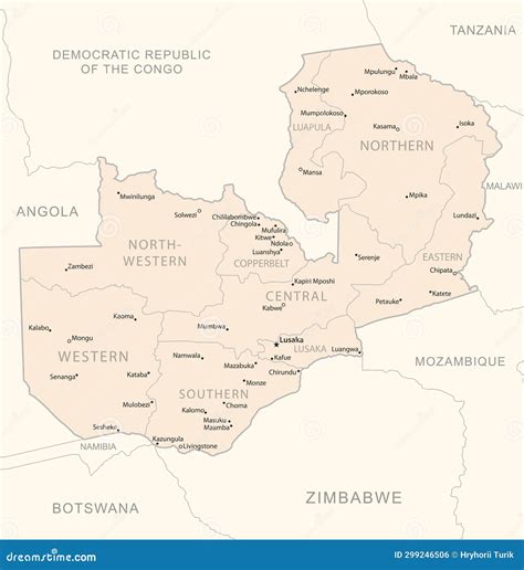 Zambia - Detailed Map with Administrative Divisions Country Stock Illustration - Illustration of ...