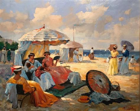 Francis Cristaux - Elegant Figures on Beach Large French Impressionist ...