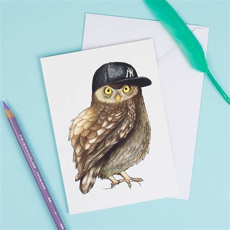 Owl in a Baseball Cap: A6 Birds in Hats Greetings by birdsinhats